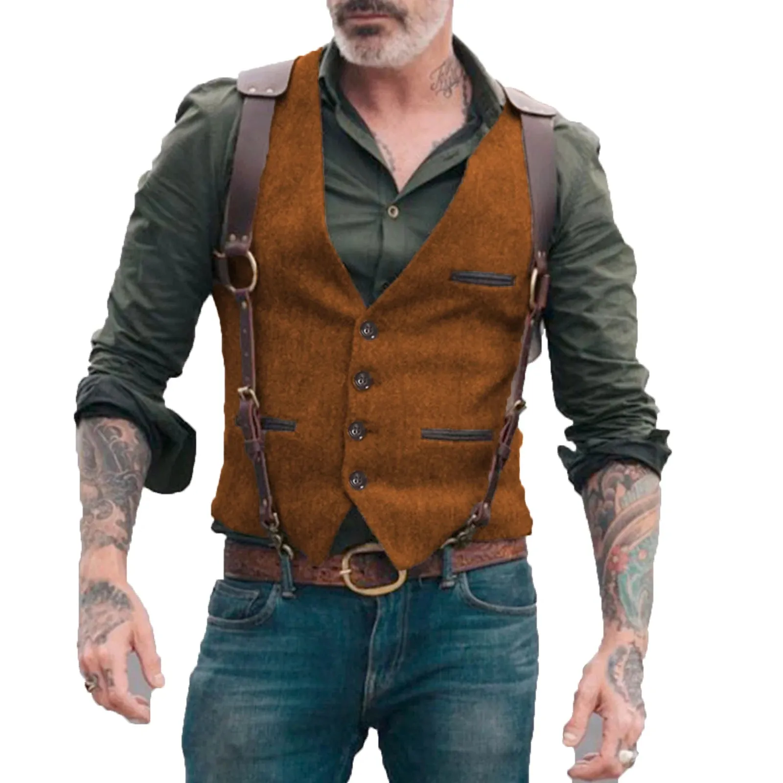 Aidase Herringbone Men's Vests Men Brown Waistcoat Vest Man Steampunk Jacket Striped Tweed V-neck Slim Fit Gilet Wedding Clothing