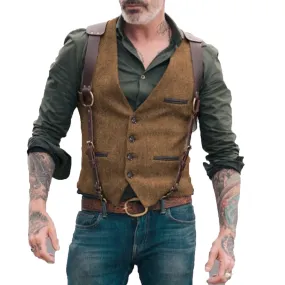 Aidase Herringbone Men's Vests Men Brown Waistcoat Vest Man Steampunk Jacket Striped Tweed V-neck Slim Fit Gilet Wedding Clothing