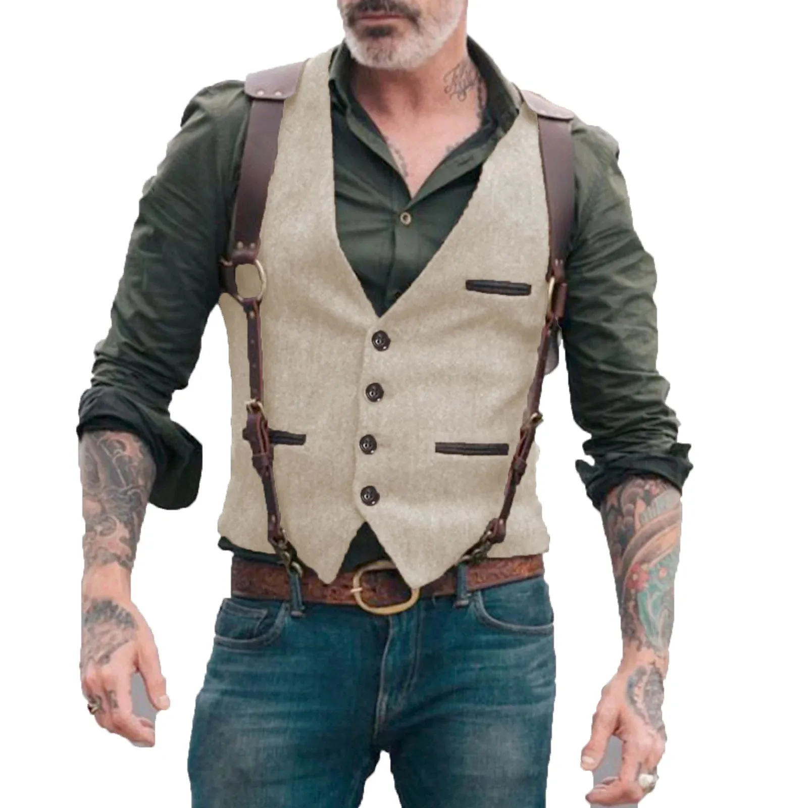 Aidase Herringbone Men's Vests Men Brown Waistcoat Vest Man Steampunk Jacket Striped Tweed V-neck Slim Fit Gilet Wedding Clothing