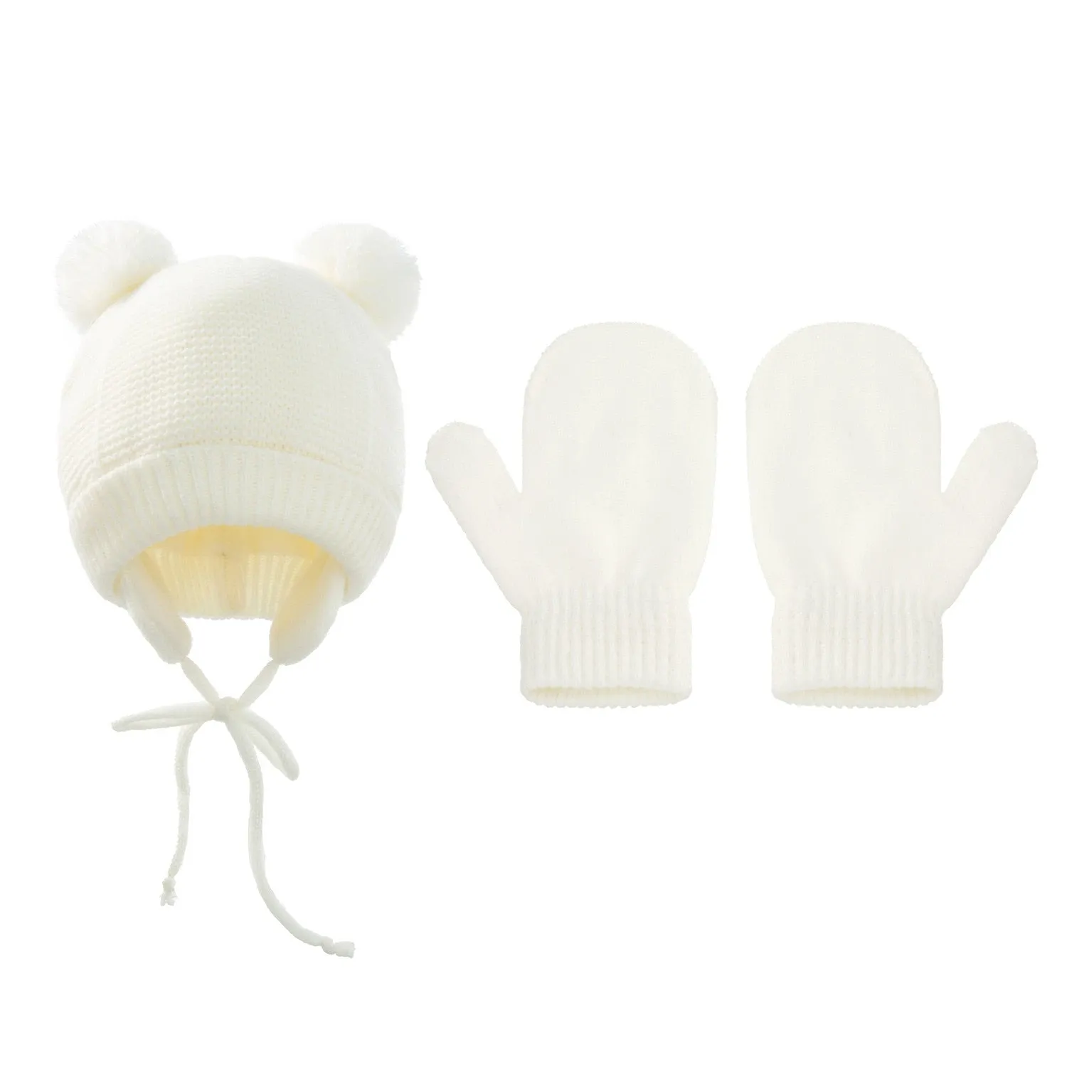 Baby Kids Girls Boys Winter Warm Knit Hat Ear Solid Warm Cute Glove 2pcs Lovely Beanie Cap With Hair Ball