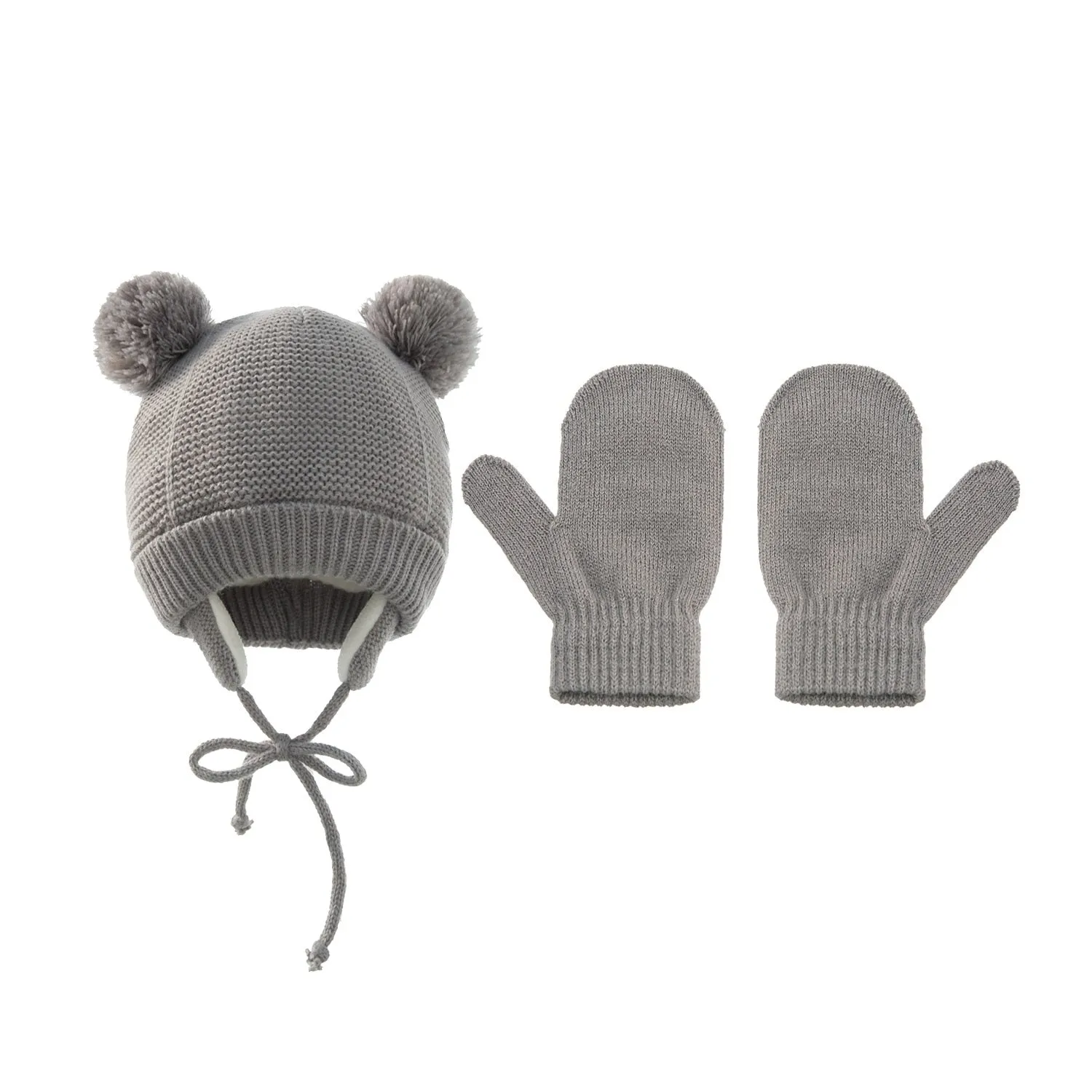 Baby Kids Girls Boys Winter Warm Knit Hat Ear Solid Warm Cute Glove 2pcs Lovely Beanie Cap With Hair Ball