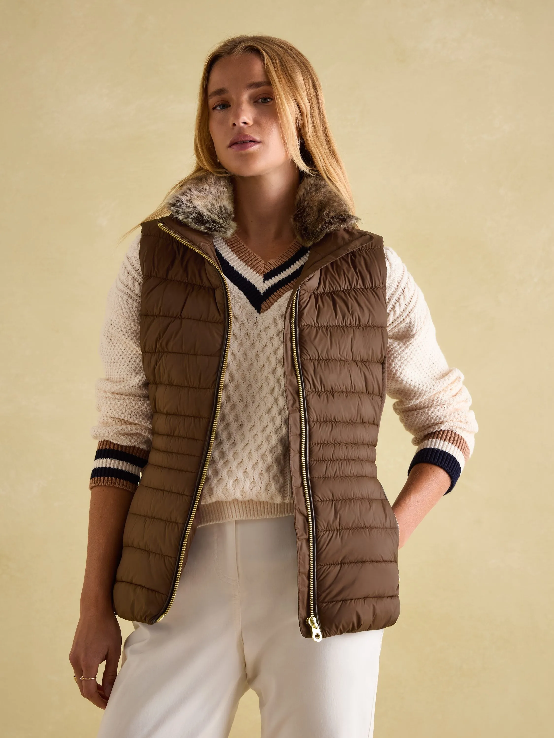 Beckley Brown Padded Showerproof Gilet With Detachable Faux Fur Collar