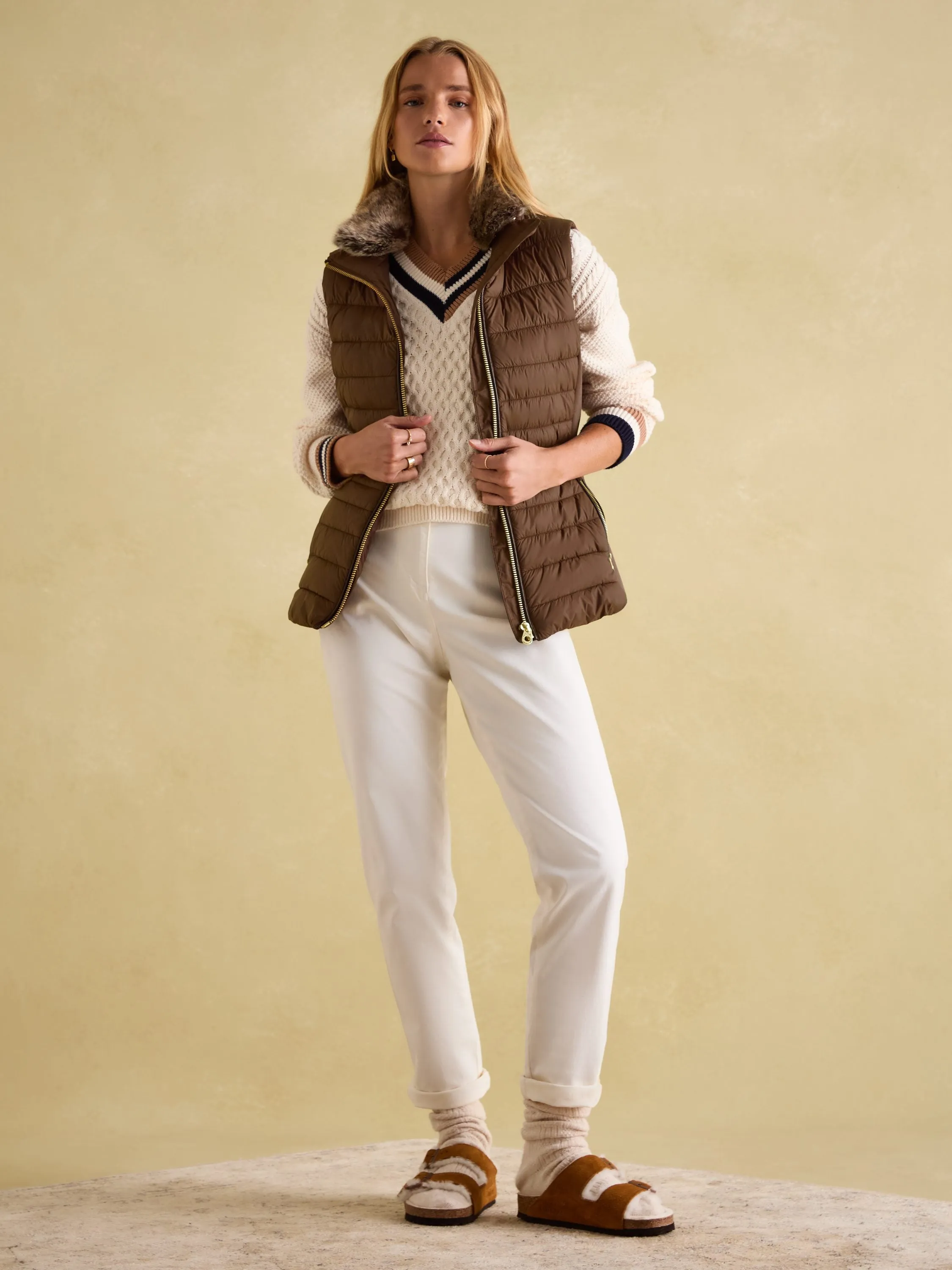 Beckley Brown Padded Showerproof Gilet With Detachable Faux Fur Collar