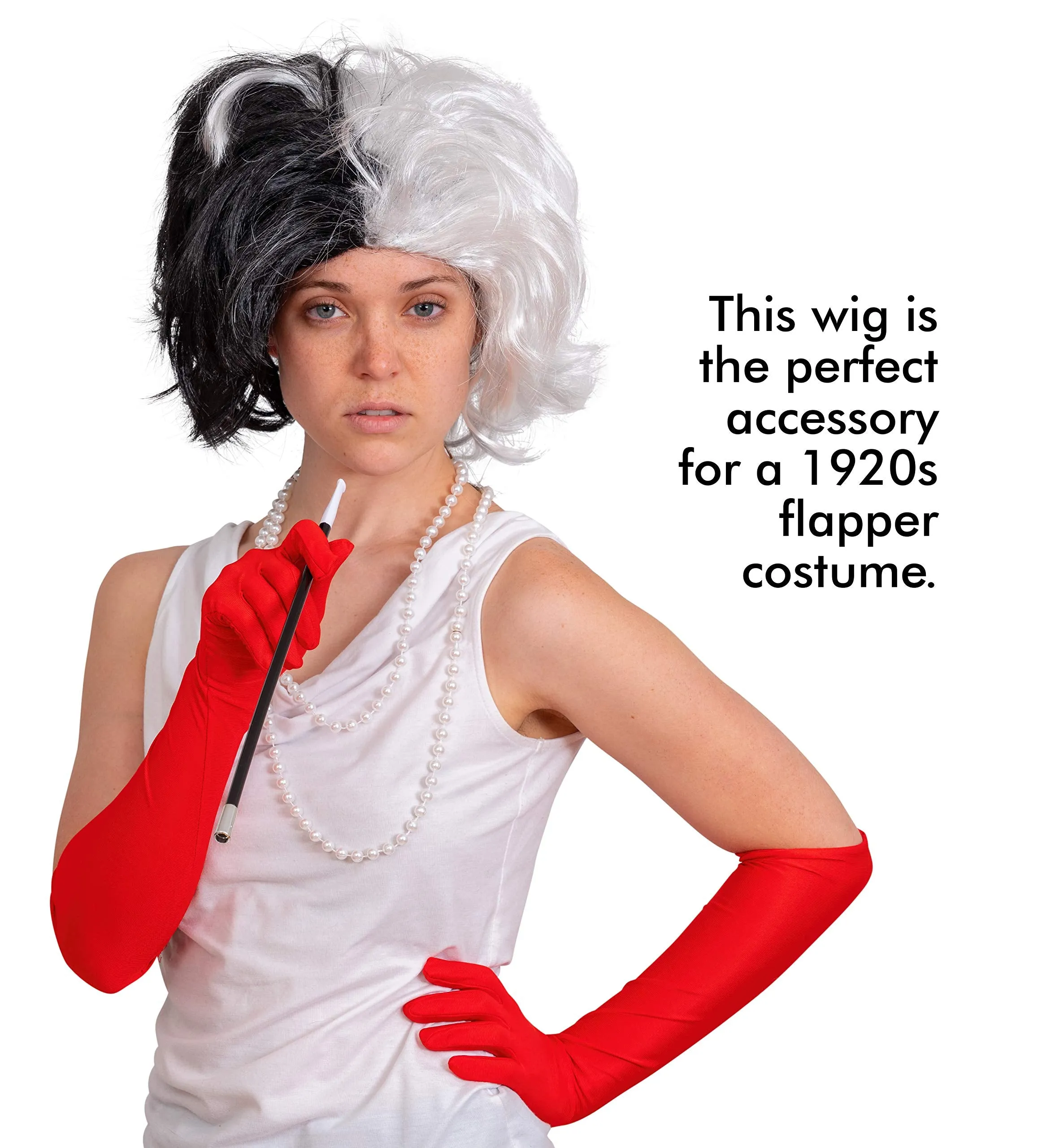 Black and White Wig - Cruel Lady Half and Half Wavy Costume Wig for Adults and Kids