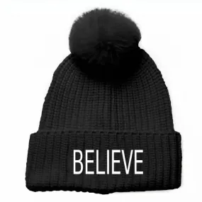 Black Beanie Hat with White Believe