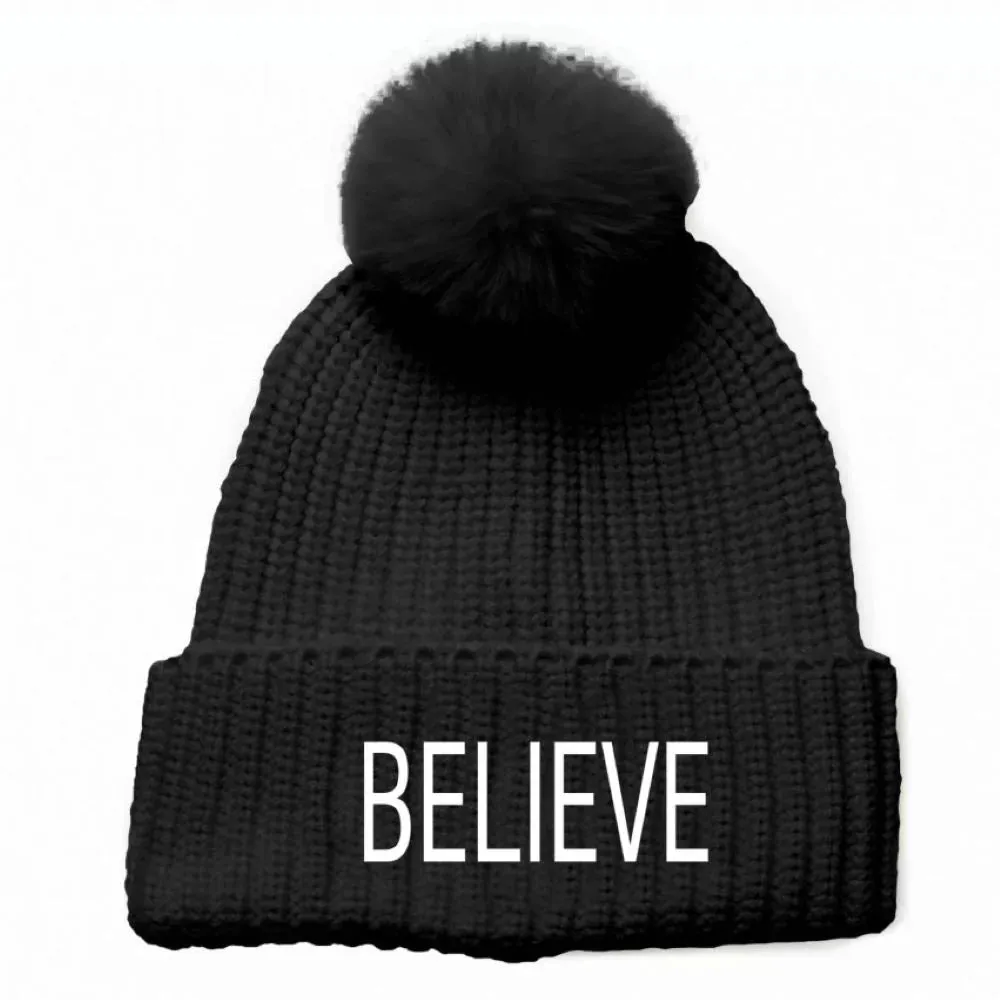 Black Beanie Hat with White Believe