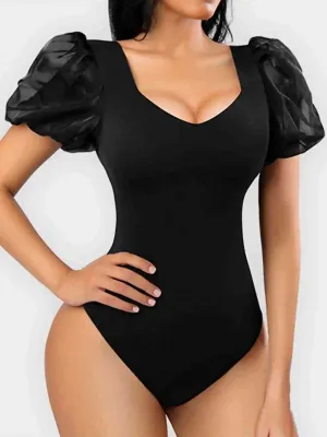 Black Slim Fit Bodysuit Women High Waist One Pieces Body Feminino Mesh Patchwork Short Sleeve Elegant Tops Fashion Summer Oufits