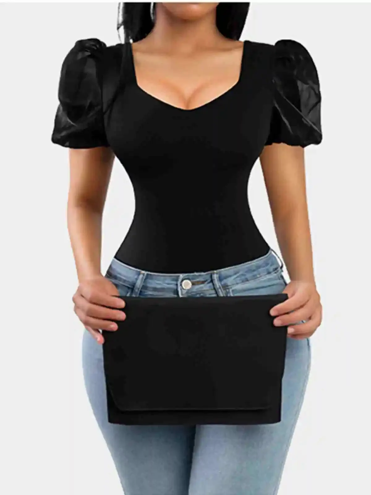 Black Slim Fit Bodysuit Women High Waist One Pieces Body Feminino Mesh Patchwork Short Sleeve Elegant Tops Fashion Summer Oufits