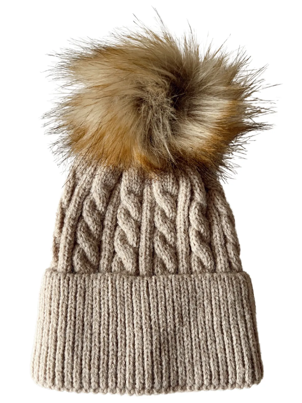 Cable Knit Fur Pom Hat, Oak