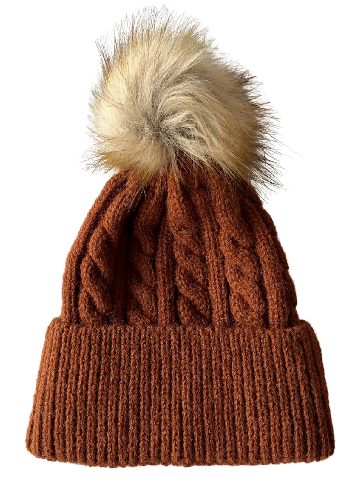 Cable Knit Fur Pom Hat, Timber