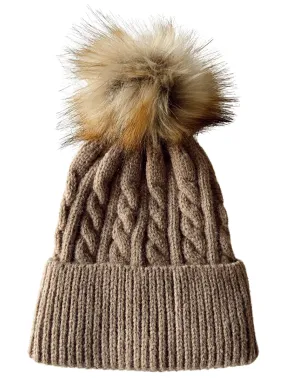 Cable Knit Fur Pom Hat, Walnut