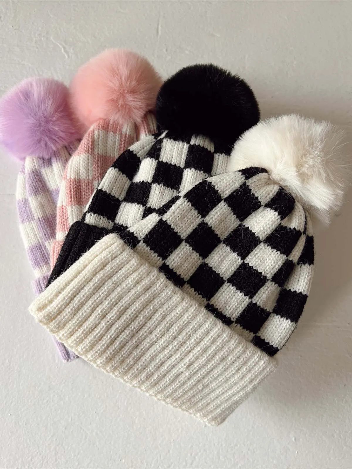 Checkerboard Fur Pom Hat, Black