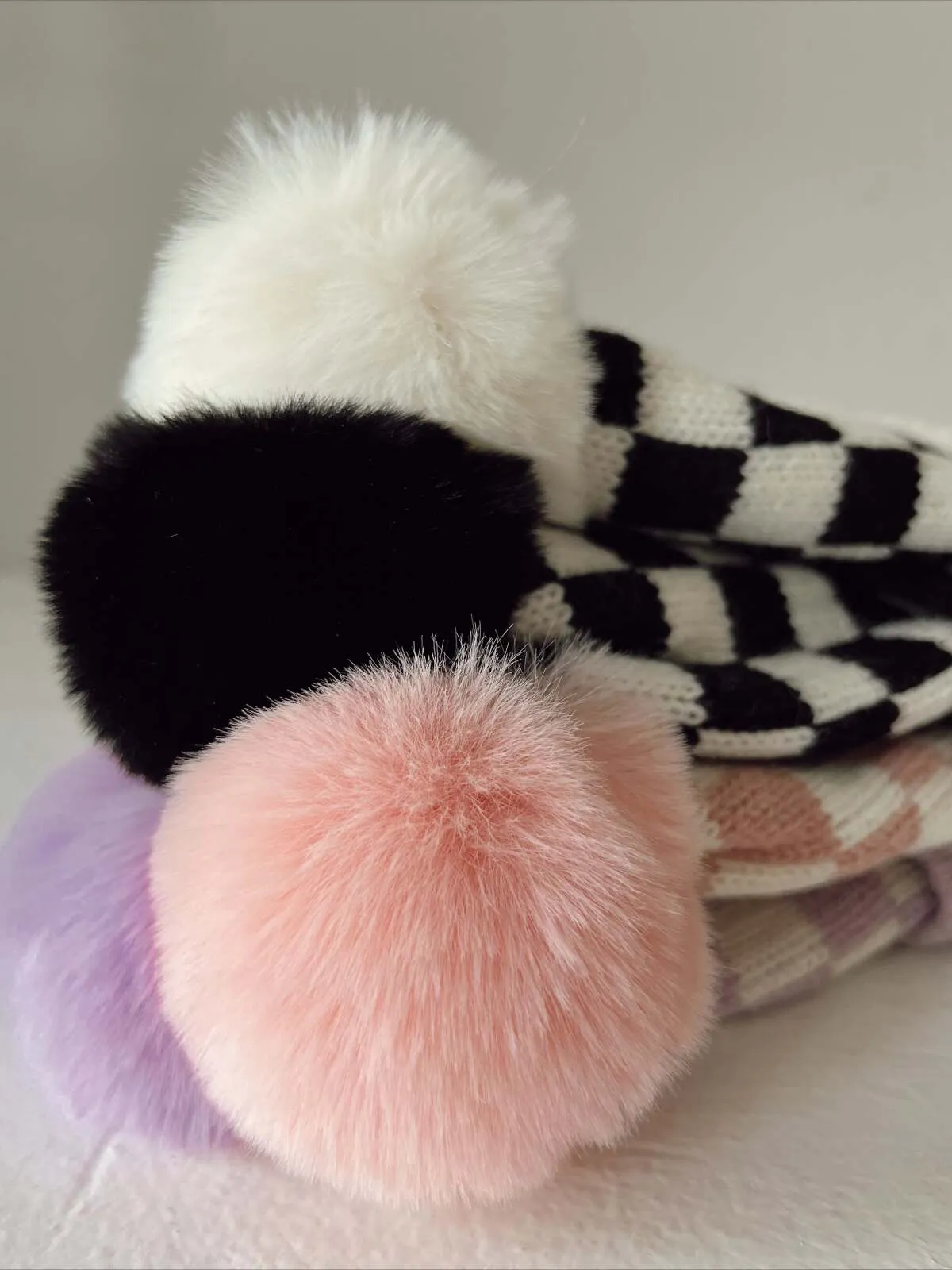 Checkerboard Fur Pom Hat, Black