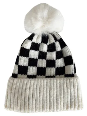 Checkerboard Fur Pom Hat, Cream