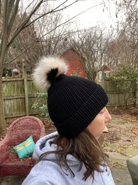 Cheetah pom beanie fitted cozy fold up brim black knit hat acrylic cap