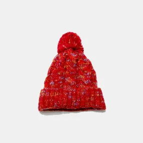 Contrast Cable-Knit Hat with Pompom Faux Fur Insulated