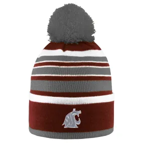 Crimson and Gray Fold Over Striped Pom Beanie