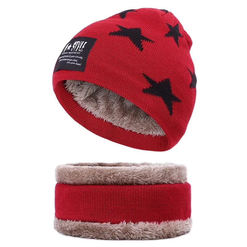 Cute Children's Winter Knit Beanie Ring Scarf 2 Pieces Set Boys Girls Fleece Thick Lining Plus Velvet Warm Hat Kids Cap