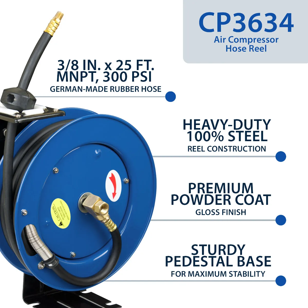 Cyclone Pneumatic 3/8” x 25’ 300 PSI Retractable Air Hose Reel w/ Rubber Hose