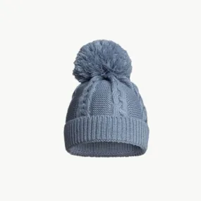 Dusky Blue Recycled Cable Knit Baby Pompom Hat