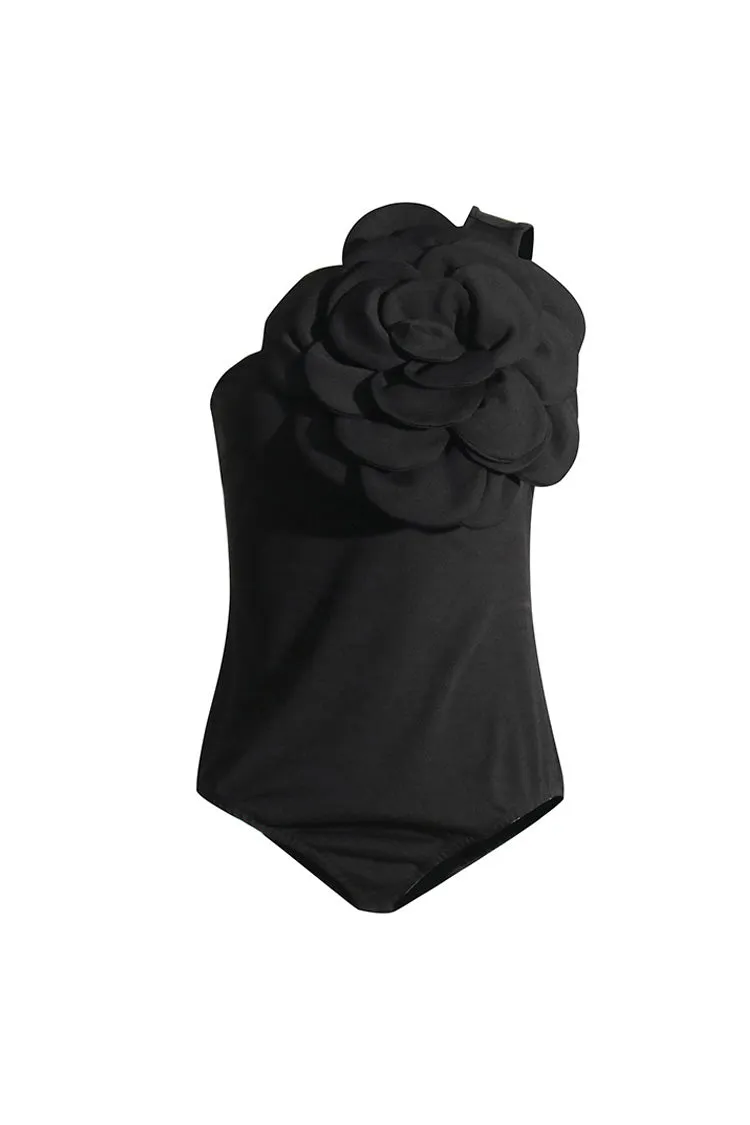 Elegant Monochrome Large 3D Rosette One Shoulder Sleeveless Bodysuit