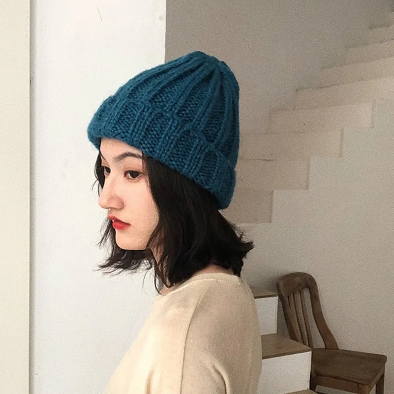 Fashion Solid Color Striped Knitted Bonnet Women Hat Winter Autumn Warm Knit Beanie Cap Ladies Girls Hats Cap