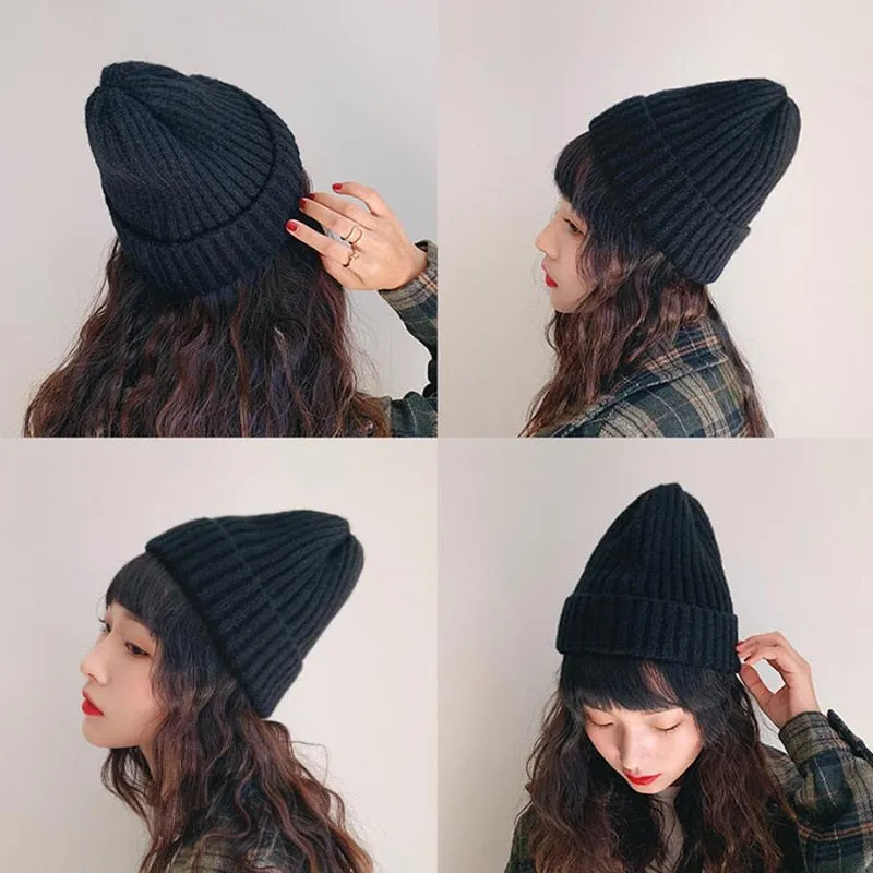 Fashion Solid Color Striped Knitted Bonnet Women Hat Winter Autumn Warm Knit Beanie Cap Ladies Girls Hats Cap