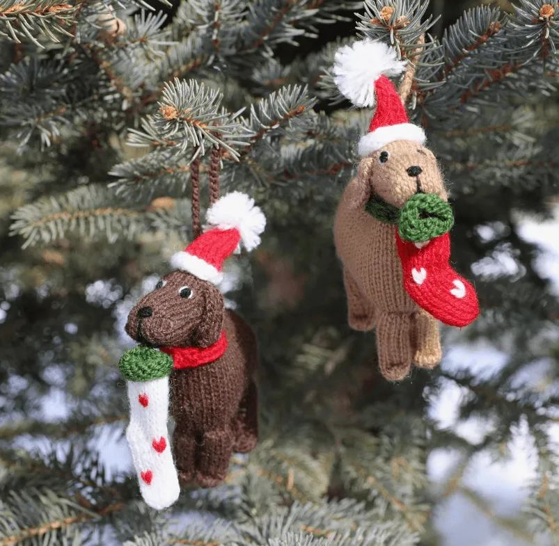 Festive Brown Doggies with PomPom Hat & Christmas Stocking Ornaments