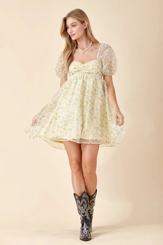 Floral Babydoll Mini Dress in Olive- Final Sale