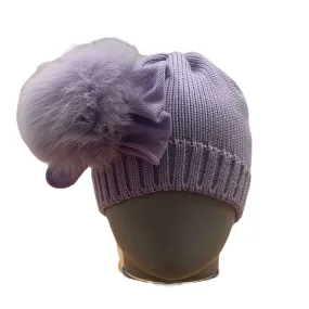 Girls Lilac Marino Wool Fur Pom & Bow Hat