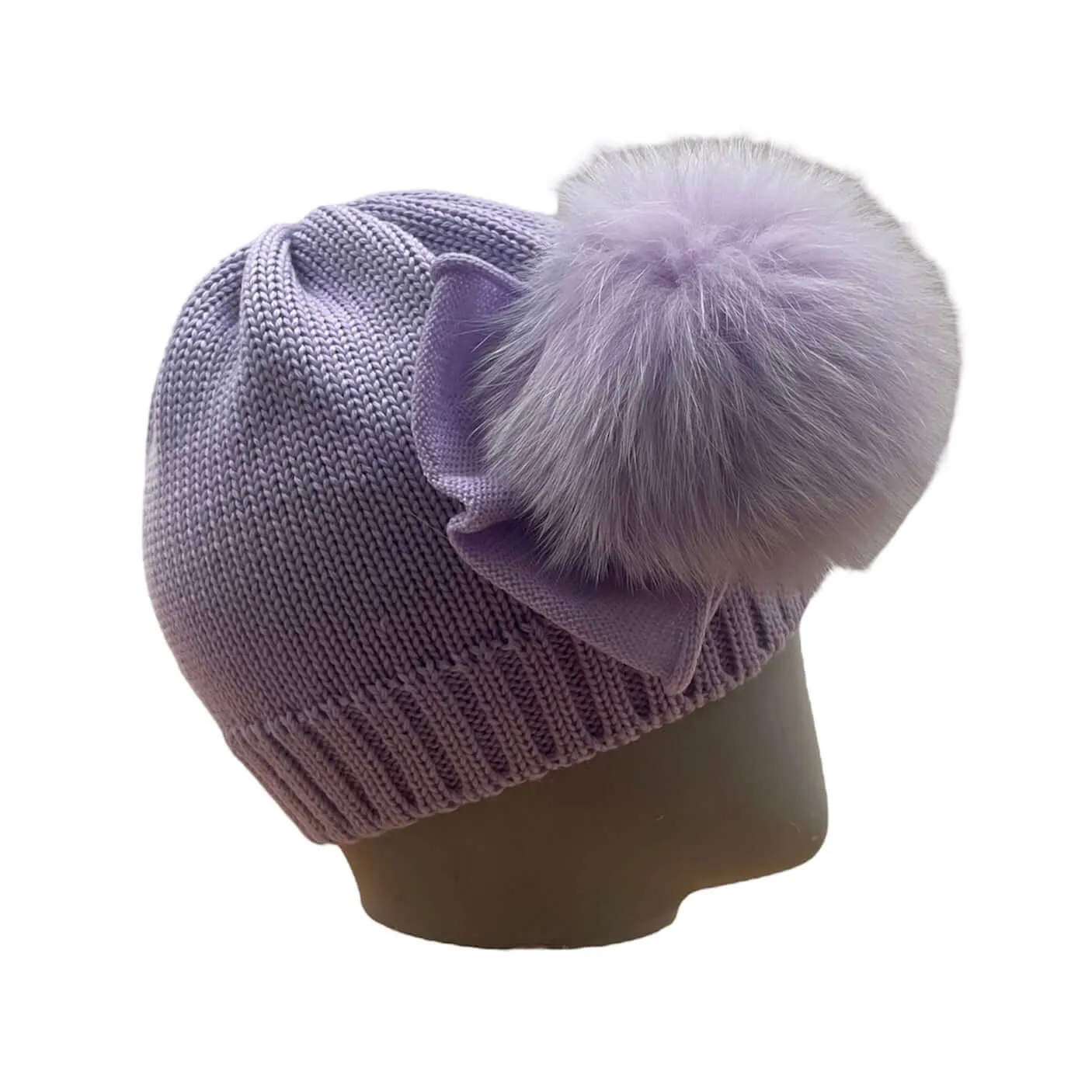 Girls Lilac Marino Wool Fur Pom & Bow Hat