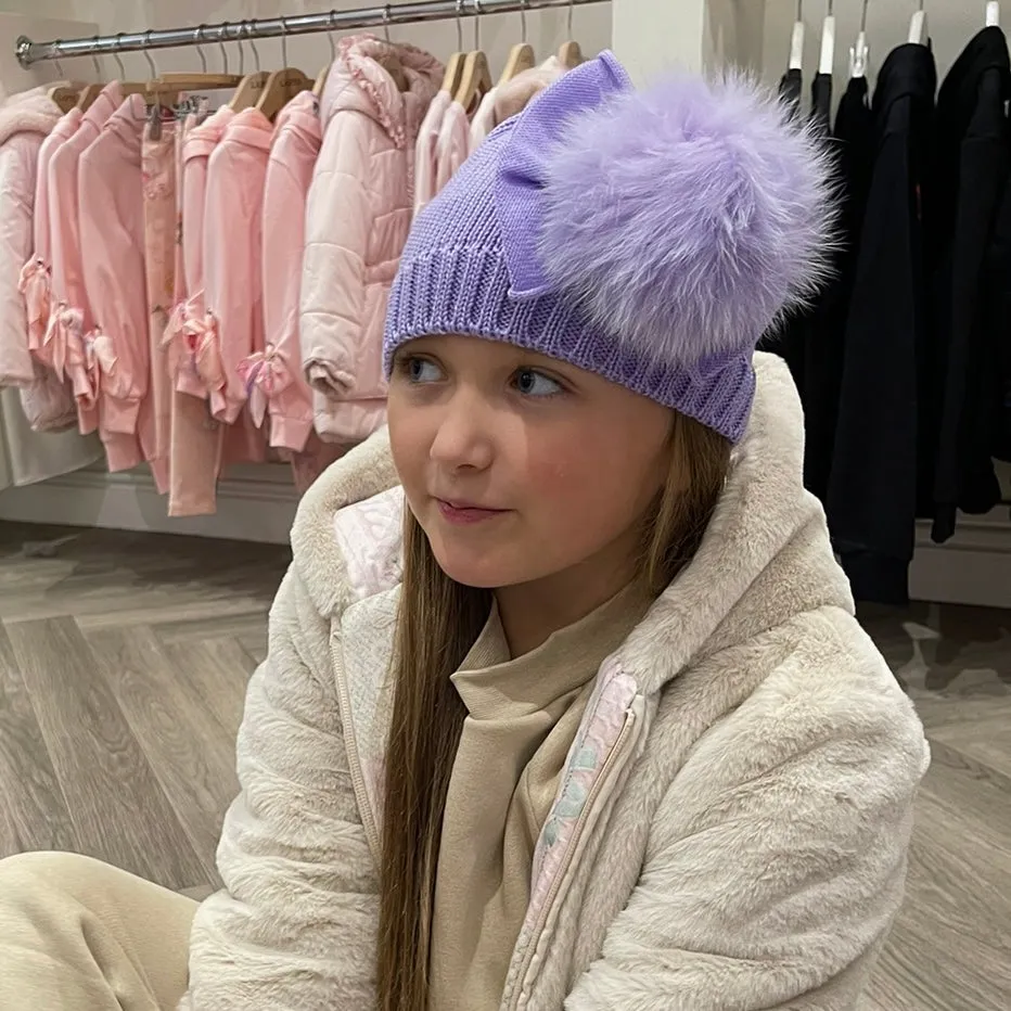 Girls Lilac Marino Wool Fur Pom & Bow Hat