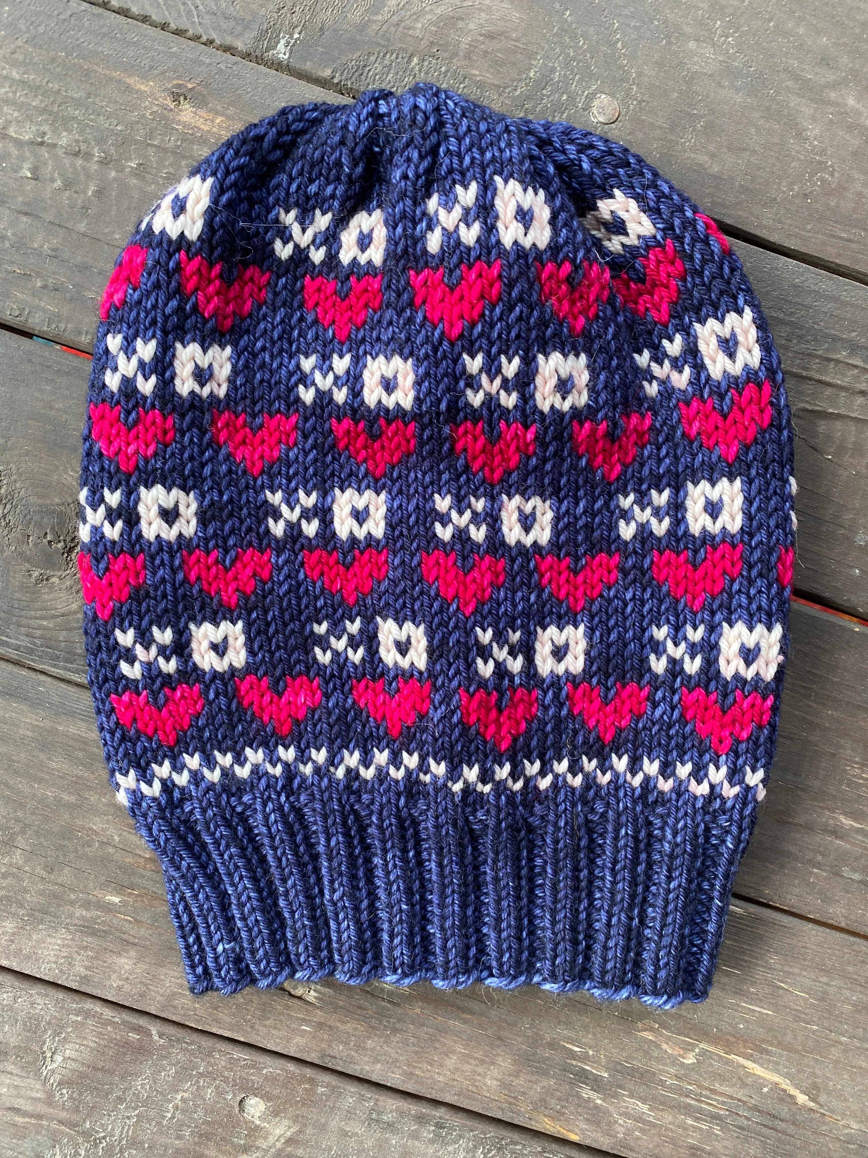 Hand knit merino wool valentine womens winter hat beanie hugs kisses navy hot pink xoxo