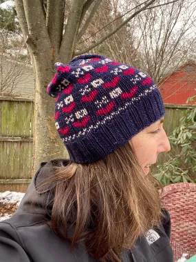 Hand knit merino wool valentine womens winter hat beanie hugs kisses navy hot pink xoxo