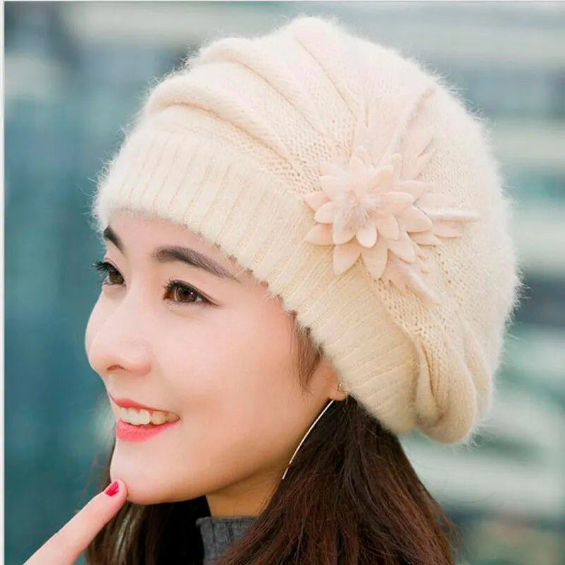 Hot Berets Hat Beanie Fashion Spring Autumn Winter Hat Warm Flower Knit Crochet Cute Casual Cap For Women's Girl Female