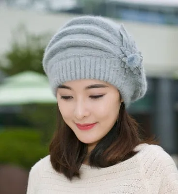 Hot Berets Hat Beanie Fashion Spring Autumn Winter Hat Warm Flower Knit Crochet Cute Casual Cap For Women's Girl Female