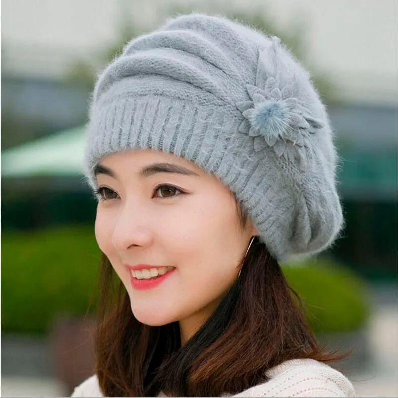 Hot Berets Hat Beanie Fashion Spring Autumn Winter Hat Warm Flower Knit Crochet Cute Casual Cap For Women's Girl Female