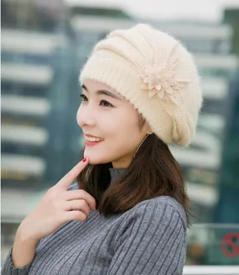 Hot Berets Hat Beanie Fashion Spring Autumn Winter Hat Warm Flower Knit Crochet Cute Casual Cap For Women's Girl Female