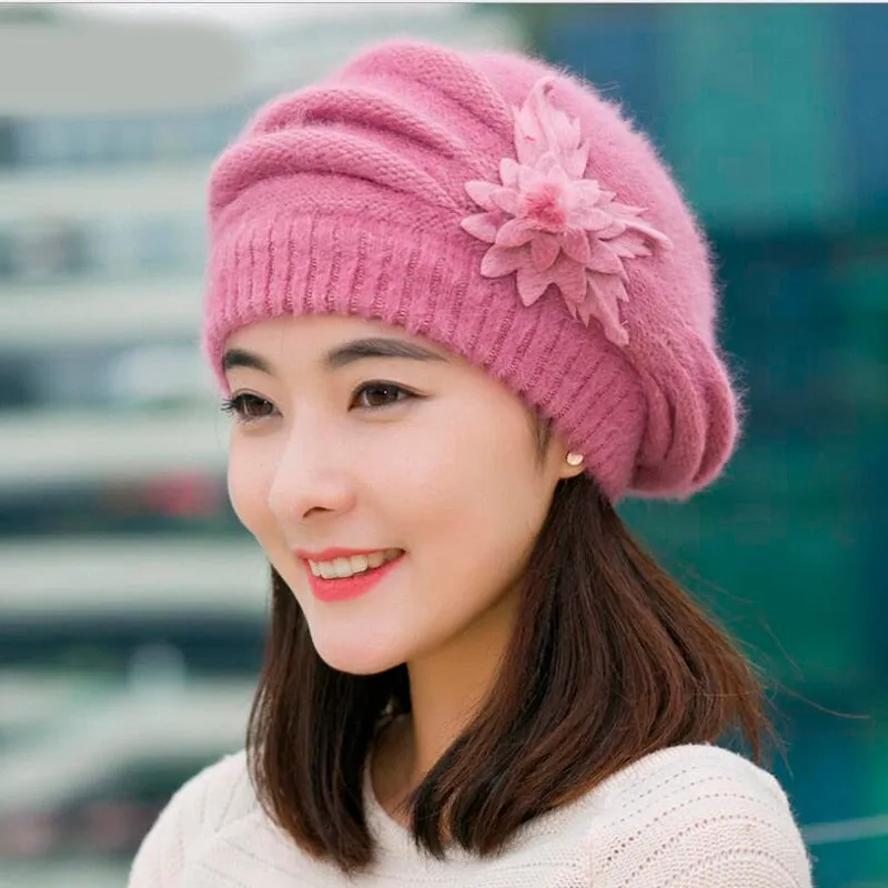 Hot Berets Hat Beanie Fashion Spring Autumn Winter Hat Warm Flower Knit Crochet Cute Casual Cap For Women's Girl Female