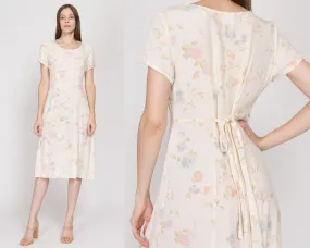 Medium 90s Cream Floral Tie Back Midi Dress