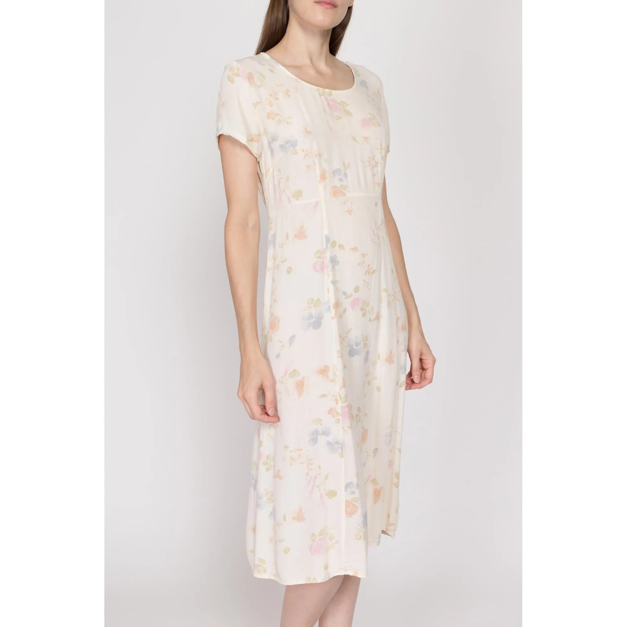 Medium 90s Cream Floral Tie Back Midi Dress