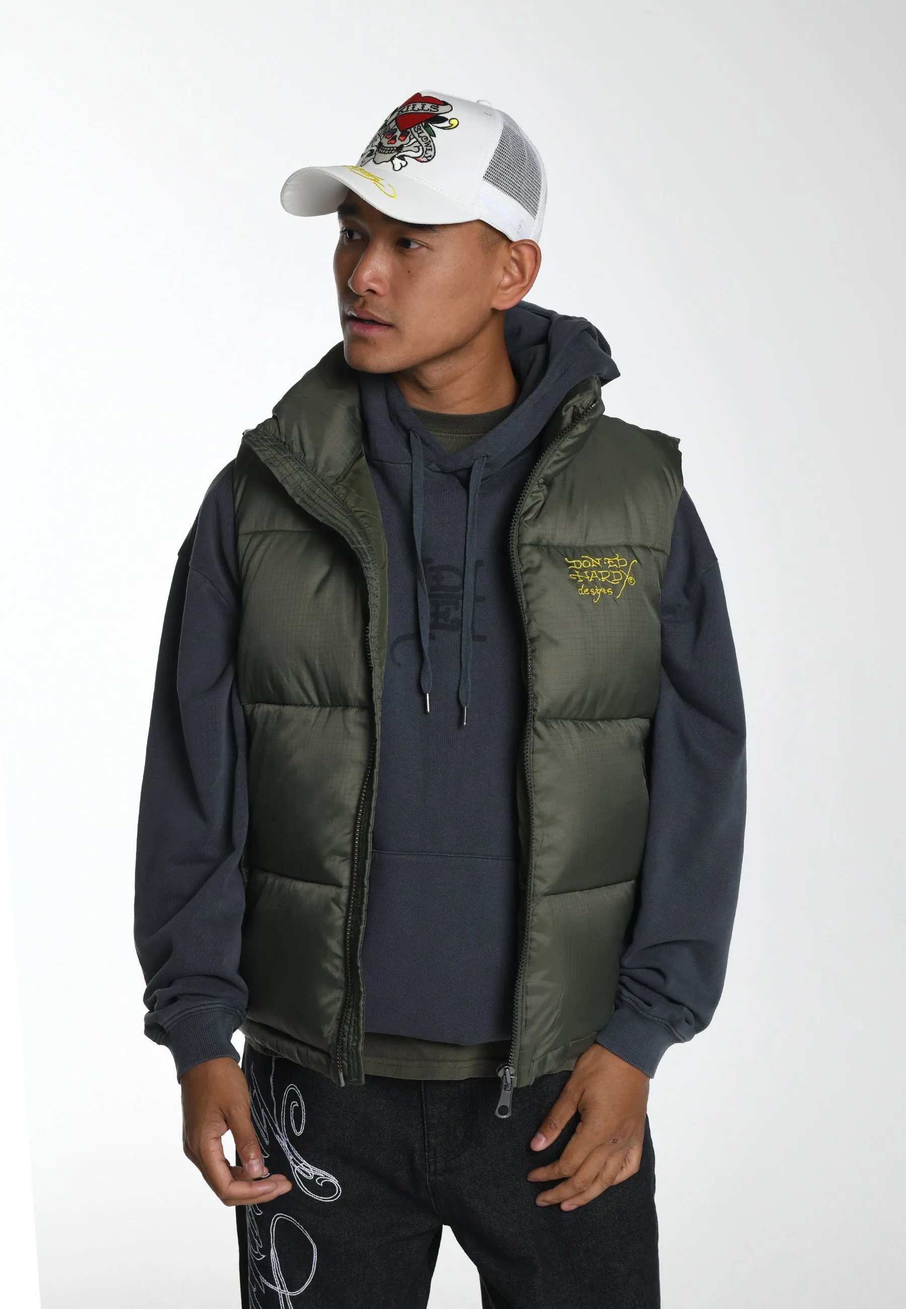 Mens Tiger-Head-Gillet Puffer Jacket - Green