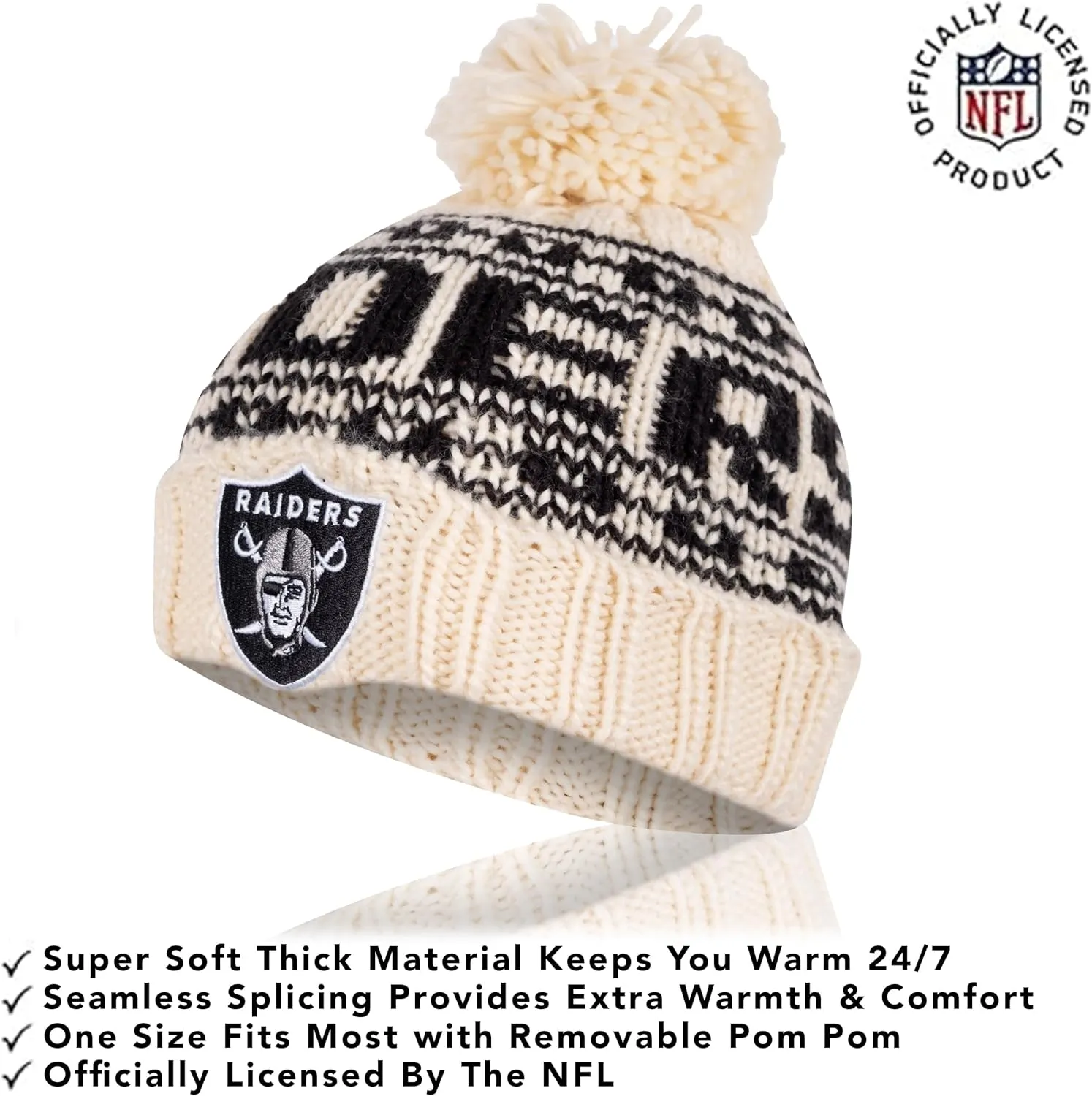 NFL Official Adults Super Soft Cable Knit Winter Beanie Knit Hat with Extra Warm Touch Screen Gloves|Las Vegas Raiders