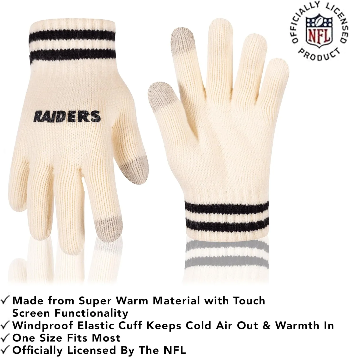 NFL Official Adults Super Soft Cable Knit Winter Beanie Knit Hat with Extra Warm Touch Screen Gloves|Las Vegas Raiders