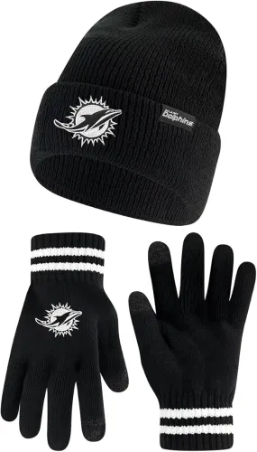 NFL Official Adults Super Soft Marled Winter Beanie Knit Hat with Extra Warm Touch Screen Gloves|Miami Dolphins