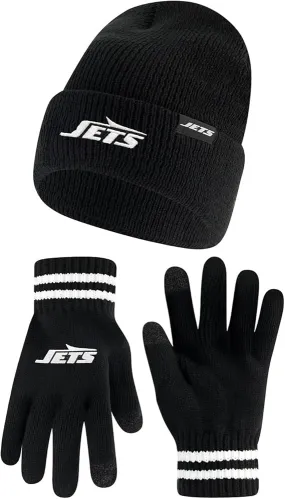 NFL Official Adults Super Soft Marled Winter Beanie Knit Hat with Extra Warm Touch Screen Gloves|New York Jets