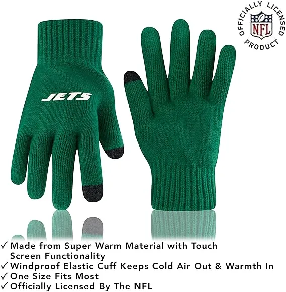 NFL Official Adults Super Soft Two Tone Winter Beanie Knit Hat with Extra Warm Touch Screen Gloves|New York Jets