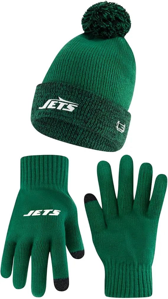 NFL Official Adults Super Soft Two Tone Winter Beanie Knit Hat with Extra Warm Touch Screen Gloves|New York Jets