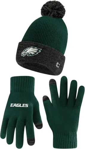 NFL Official Adults Super Soft Two Tone Winter Beanie Knit Hat with Extra Warm Touch Screen Gloves|Philadelphia Eagles