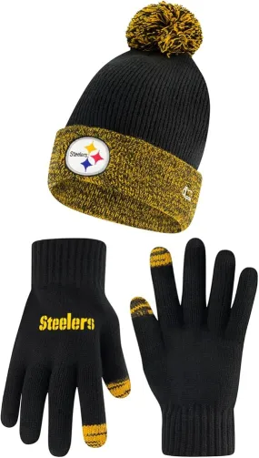 NFL Official Adults Super Soft Two Tone Winter Beanie Knit Hat with Extra Warm Touch Screen Gloves|Pittsburgh Steelers